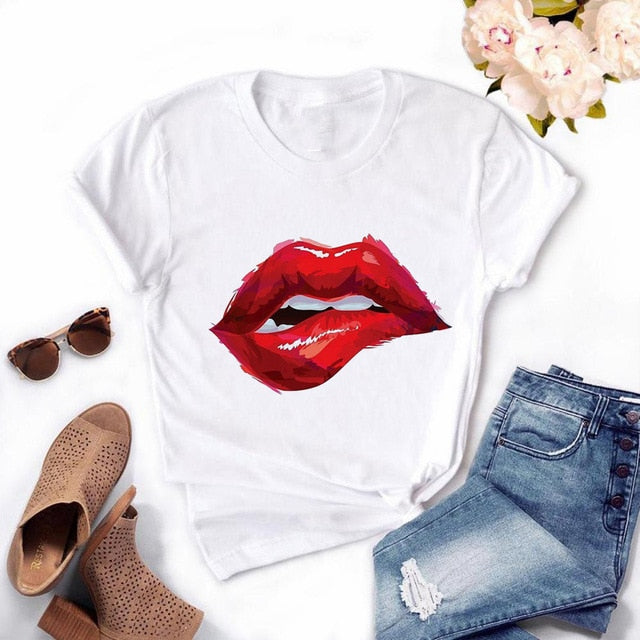 Women Plus Size Harajuku Tops Summer Tops Graphic Tees Women Lips Kawaii T-shirt Clothes Girl Mouse T Shirt ,Drop Shipping