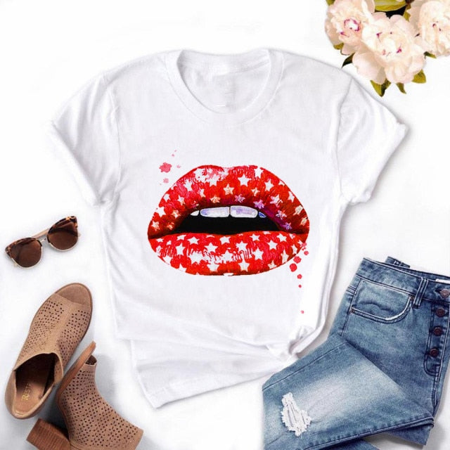 Women Plus Size Harajuku Tops Summer Tops Graphic Tees Women Lips Kawaii T-shirt Clothes Girl Mouse T Shirt ,Drop Shipping