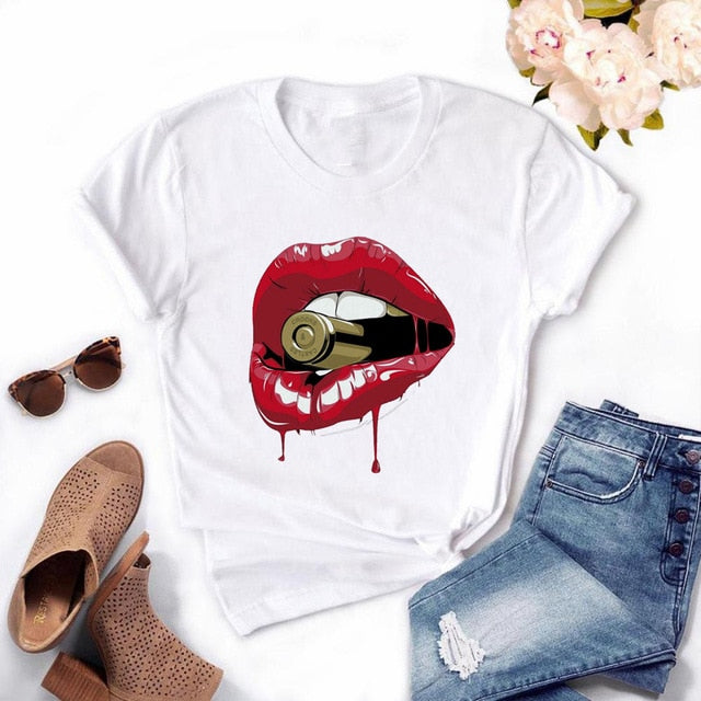 Women Plus Size Harajuku Tops Summer Tops Graphic Tees Women Lips Kawaii T-shirt Clothes Girl Mouse T Shirt ,Drop Shipping