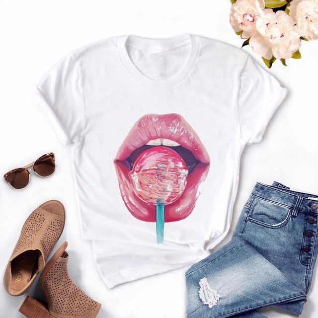 Women Plus Size Harajuku Tops Summer Tops Graphic Tees Women Lips Kawaii T-shirt Clothes Girl Mouse T Shirt ,Drop Shipping