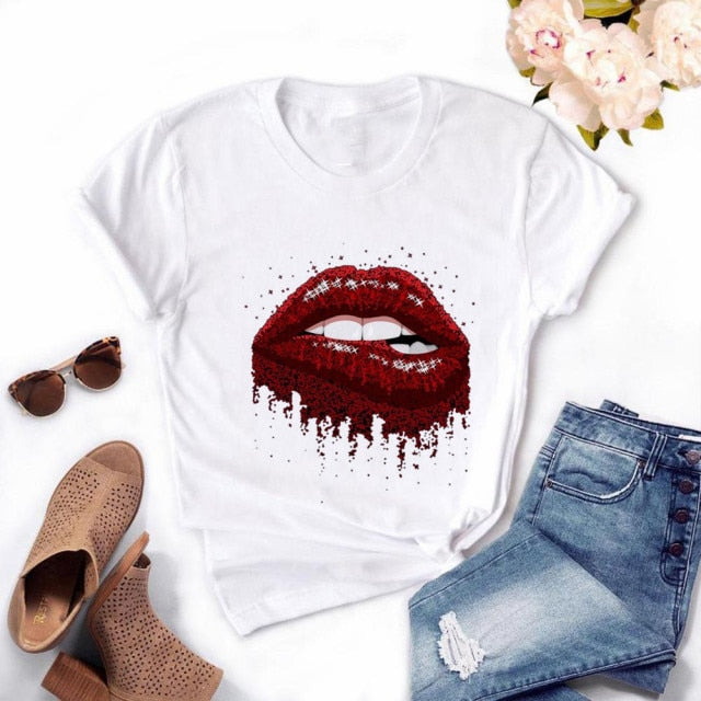 Women Plus Size Harajuku Tops Summer Tops Graphic Tees Women Lips Kawaii T-shirt Clothes Girl Mouse T Shirt ,Drop Shipping