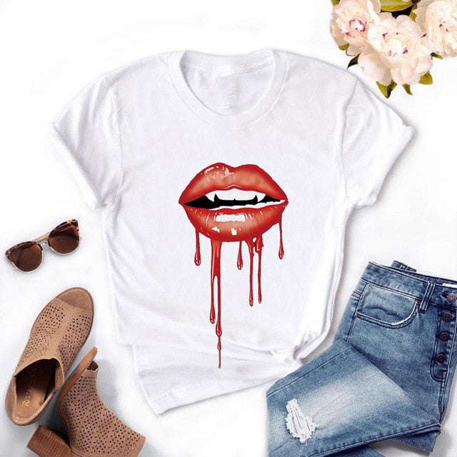 Women Plus Size Harajuku Tops Summer Tops Graphic Tees Women Lips Kawaii T-shirt Clothes Girl Mouse T Shirt ,Drop Shipping
