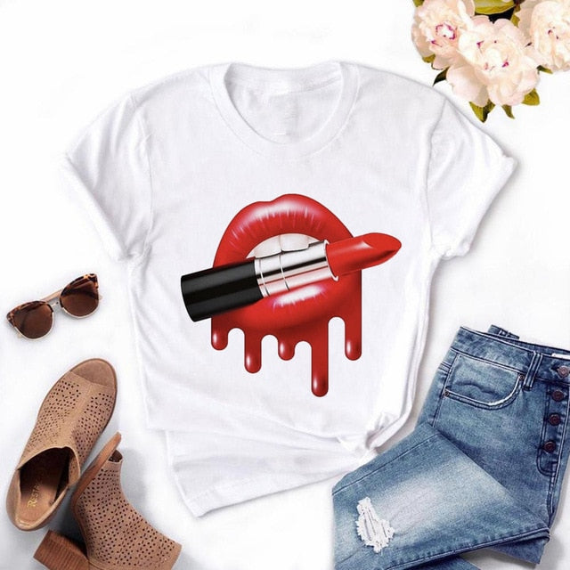 Women Plus Size Harajuku Tops Summer Tops Graphic Tees Women Lips Kawaii T-shirt Clothes Girl Mouse T Shirt ,Drop Shipping