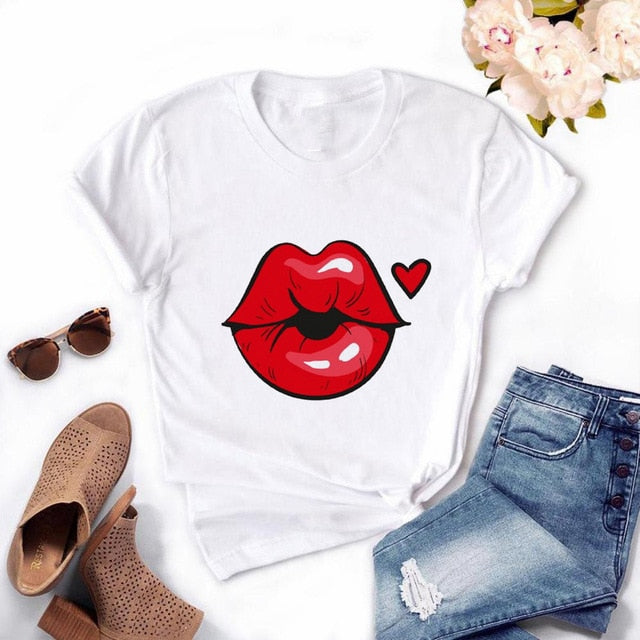 Women Plus Size Harajuku Tops Summer Tops Graphic Tees Women Lips Kawaii T-shirt Clothes Girl Mouse T Shirt ,Drop Shipping