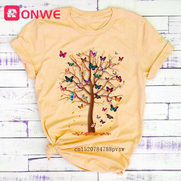 Woman Butterfly Tree Print Harajuku Summer Tshirts Casual Round Neck Short Slee Top Tee Shirt,Drop Ship