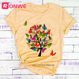 Woman Butterfly Tree Print Harajuku Summer Tshirts Casual Round Neck Short Slee Top Tee Shirt,Drop Ship