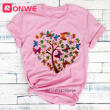 Woman Butterfly Tree Print Harajuku Summer Tshirts Casual Round Neck Short Slee Top Tee Shirt,Drop Ship