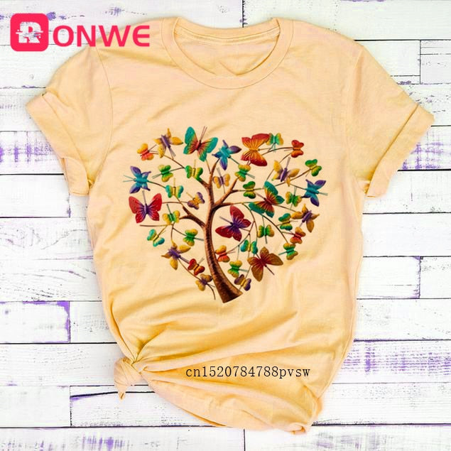 Woman Butterfly Tree Print Harajuku Summer Tshirts Casual Round Neck Short Slee Top Tee Shirt,Drop Ship