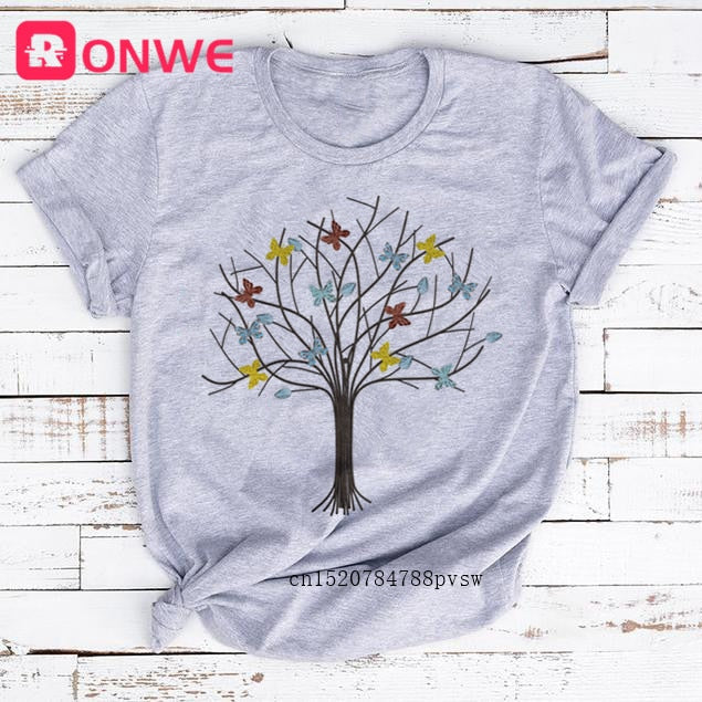 Woman Butterfly Tree Print Harajuku Summer Tshirts Casual Round Neck Short Slee Top Tee Shirt,Drop Ship