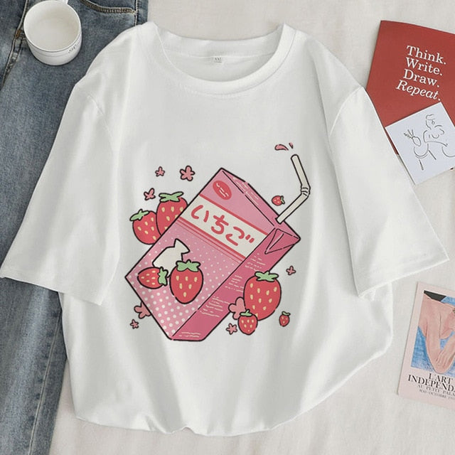 Japan Strawberry Juice Graphic Print T-shirt Women 2020 New Summer Fashion Tshirt Tee Harajuku Aesthetic Pink Top Female T Shirt