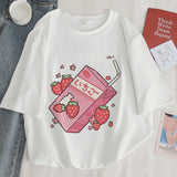 Japan Strawberry Juice Graphic Print T-shirt Women 2020 New Summer Fashion Tshirt Tee Harajuku Aesthetic Pink Top Female T Shirt