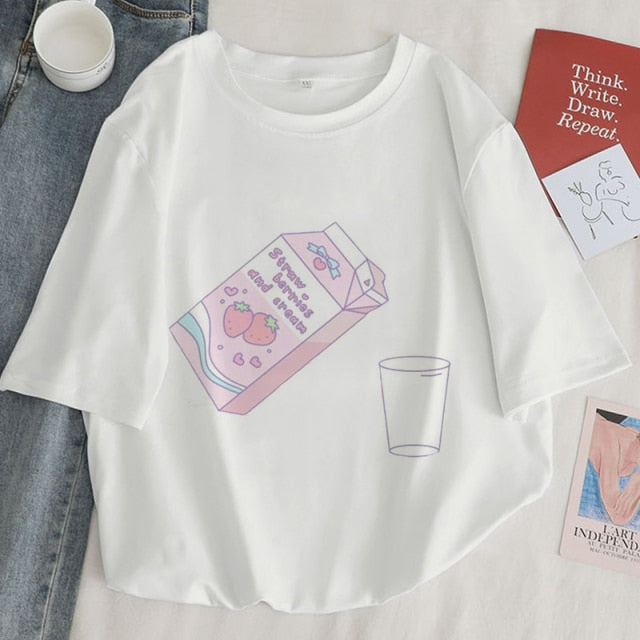Japan Strawberry Juice Graphic Print T-shirt Women 2020 New Summer Fashion Tshirt Tee Harajuku Aesthetic Pink Top Female T Shirt