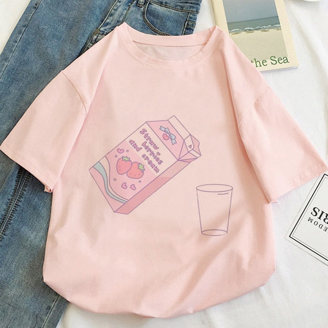 Japan Strawberry Juice Graphic Print T-shirt Women 2020 New Summer Fashion Tshirt Tee Harajuku Aesthetic Pink Top Female T Shirt