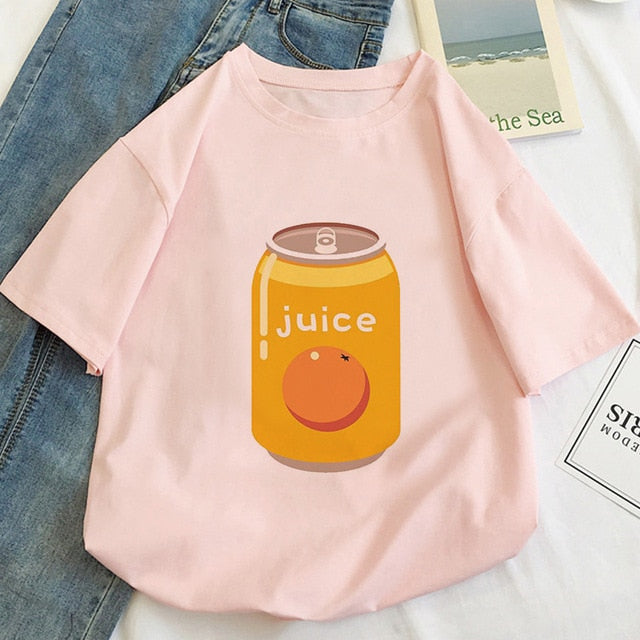 Japan Strawberry Juice Graphic Print T-shirt Women 2020 New Summer Fashion Tshirt Tee Harajuku Aesthetic Pink Top Female T Shirt
