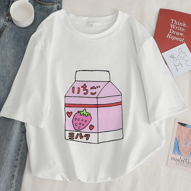 Japan Strawberry Juice Graphic Print T-shirt Women 2020 New Summer Fashion Tshirt Tee Harajuku Aesthetic Pink Top Female T Shirt