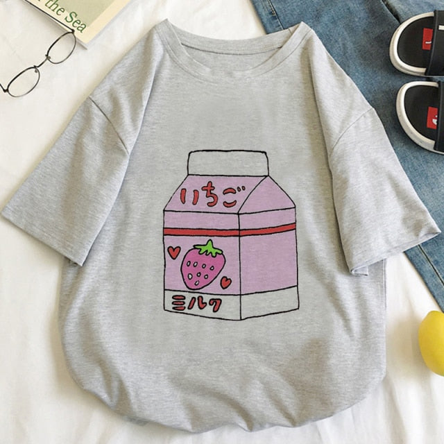 Japan Strawberry Juice Graphic Print T-shirt Women 2020 New Summer Fashion Tshirt Tee Harajuku Aesthetic Pink Top Female T Shirt