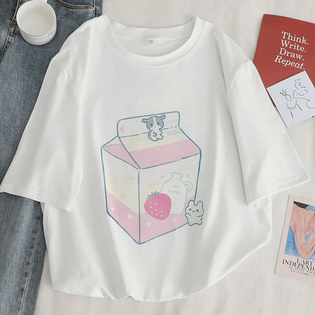 Japan Strawberry Juice Graphic Print T-shirt Women 2020 New Summer Fashion Tshirt Tee Harajuku Aesthetic Pink Top Female T Shirt
