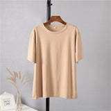 Hirsionsan 100% Cotton Oversized T Shirt Women Harajuku Basic Loose Short Sleeve Tees Soft Female Solid Tops Khaki Summer Jumper