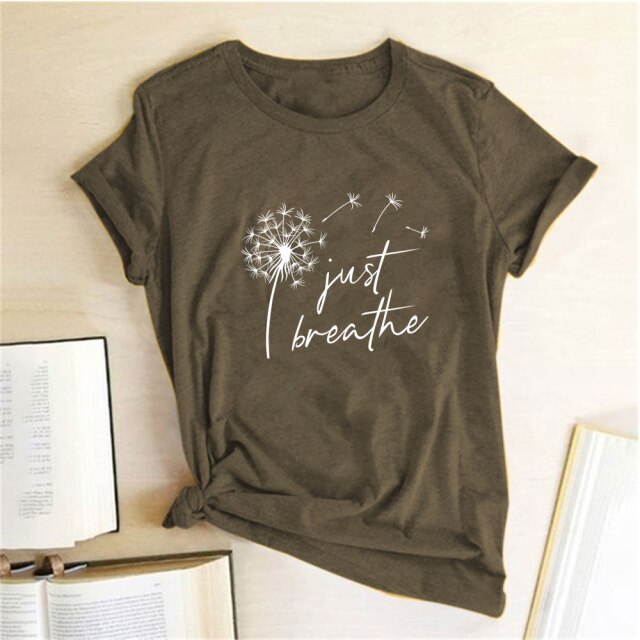 Dandelion Just Breathe Printed T-shirts Women Summer Shirts for Women Sleeve