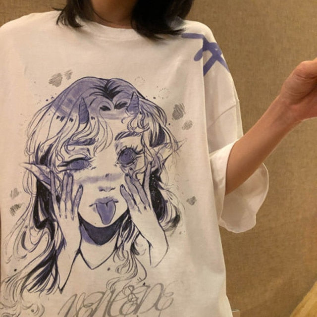 Women Oversize T Shirt White Cartoon Female Kawaii Tops Tee Short Sleeve Fashion Summer Funny T-Shirt For Girl Hip Hop Clothes