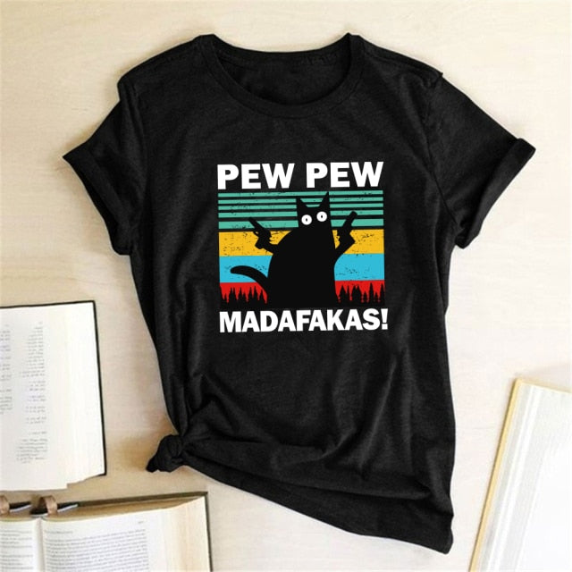 Pew Pew Madafakas Print T-shirts Women Summer 2020 Graphic Tees Funny Shirts For woman tshirts Loose Crew Neck Harajuku Tops