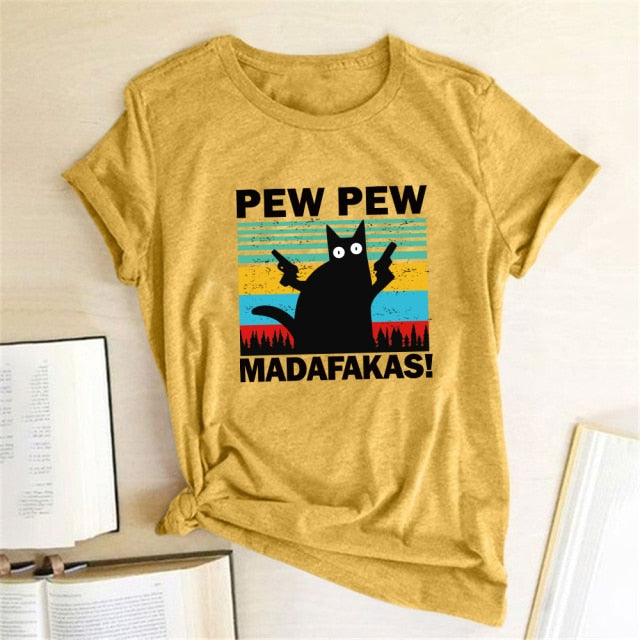 Pew Pew Madafakas Print T-shirts Women Summer 2020 Graphic Tees Funny Shirts For woman tshirts Loose Crew Neck Harajuku Tops