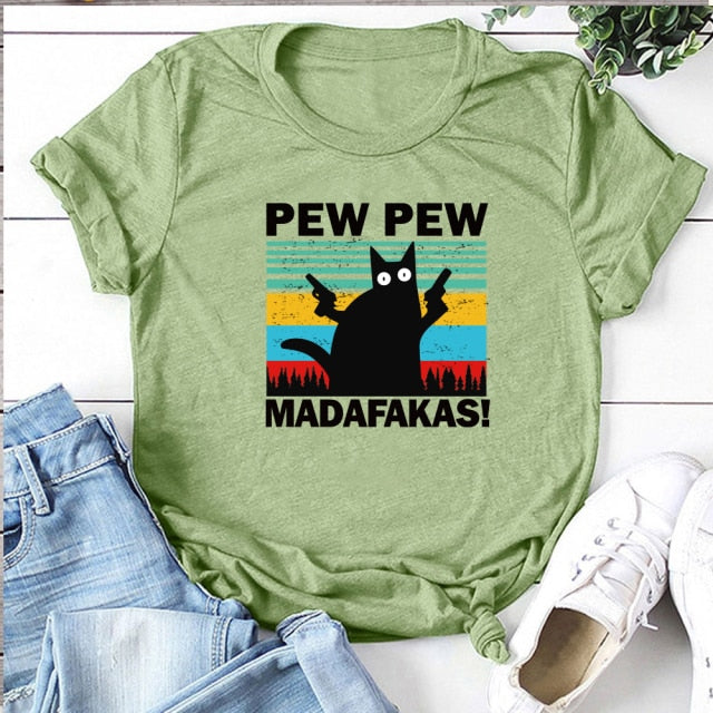 Pew Pew Madafakas Print T-shirts Women Summer 2020 Graphic Tees Funny Shirts For woman tshirts Loose Crew Neck Harajuku Tops
