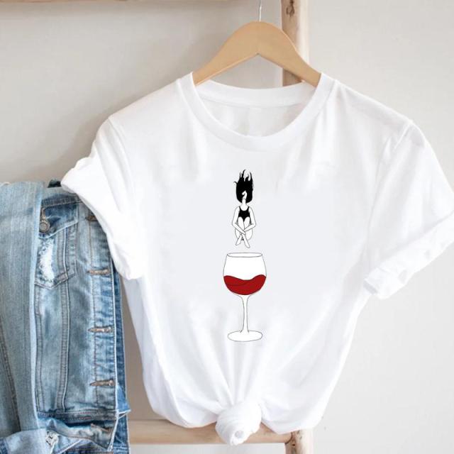 Women Printing Clothing Wine Lady Short Sleeve Casual 90s Cartoon Fashion Clothes Print Tee Top Tshirt Female Graphic T-shirt