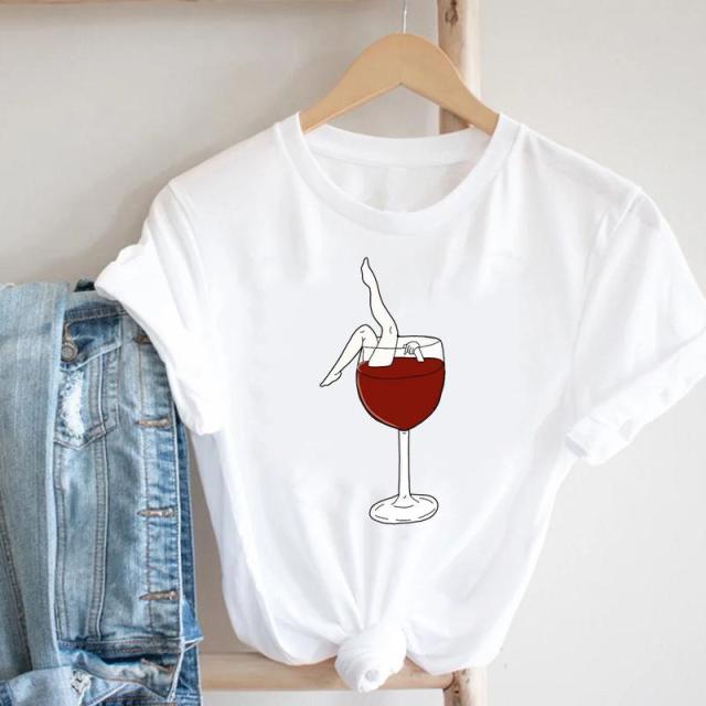 Women Printing Clothing Wine Lady Short Sleeve Casual 90s Cartoon Fashion Clothes Print Tee Top Tshirt Female Graphic T-shirt