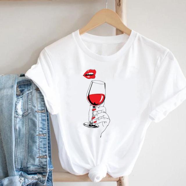 Women Printing Clothing Wine Lady Short Sleeve Casual 90s Cartoon Fashion Clothes Print Tee Top Tshirt Female Graphic T-shirt