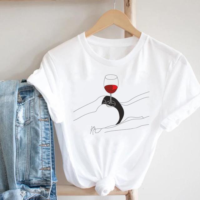 Women Printing Clothing Wine Lady Short Sleeve Casual 90s Cartoon Fashion Clothes Print Tee Top Tshirt Female Graphic T-shirt