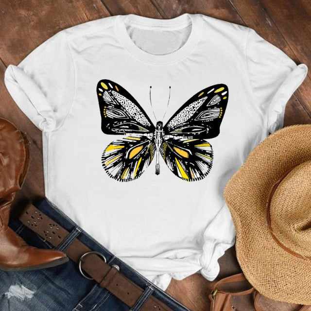 Women Lady Cartoon Butterfly Floral Elegant 2020 Fall Autumn Shirt Clothes Tshirt Tee Womens Top Female Print T Graphic T-shirt