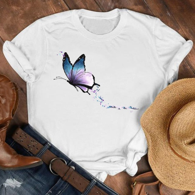 Women Lady Cartoon Butterfly Floral Elegant 2020 Fall Autumn Shirt Clothes Tshirt Tee Womens Top Female Print T Graphic T-shirt