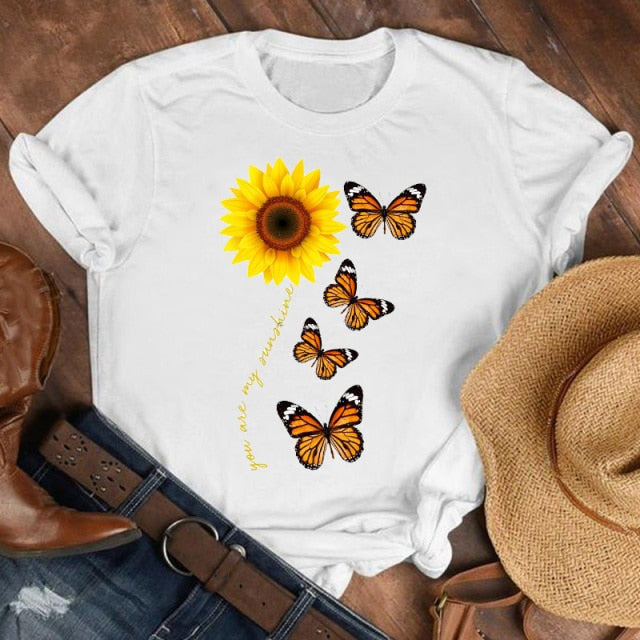 Women Lady Cartoon Butterfly Floral Elegant 2020 Fall Autumn Shirt Clothes Tshirt Tee Womens Top Female Print T Graphic T-shirt