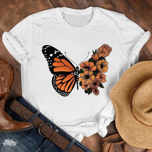 Women Lady Cartoon Butterfly Floral Elegant 2020 Fall Autumn Shirt Clothes Tshirt Tee Womens Top Female Print T Graphic T-shirt