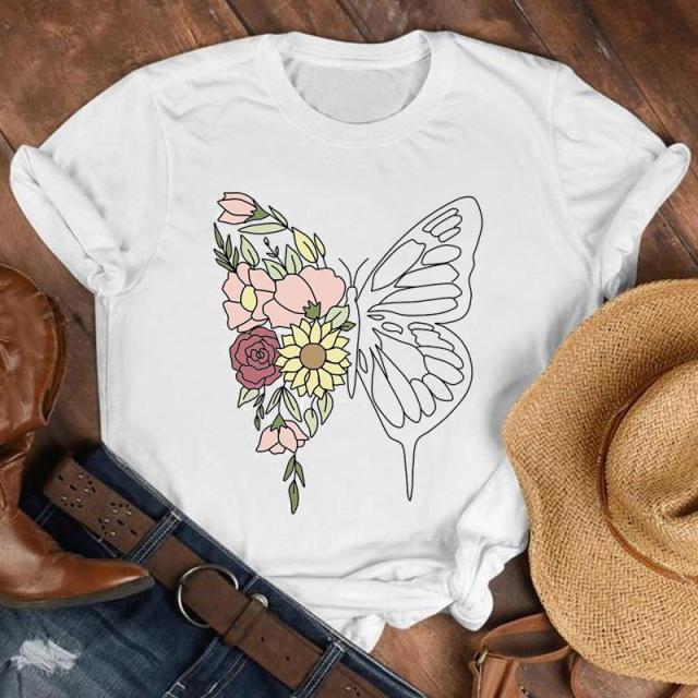 Women Lady Cartoon Butterfly Floral Elegant 2020 Fall Autumn Shirt Clothes Tshirt Tee Womens Top Female Print T Graphic T-shirt