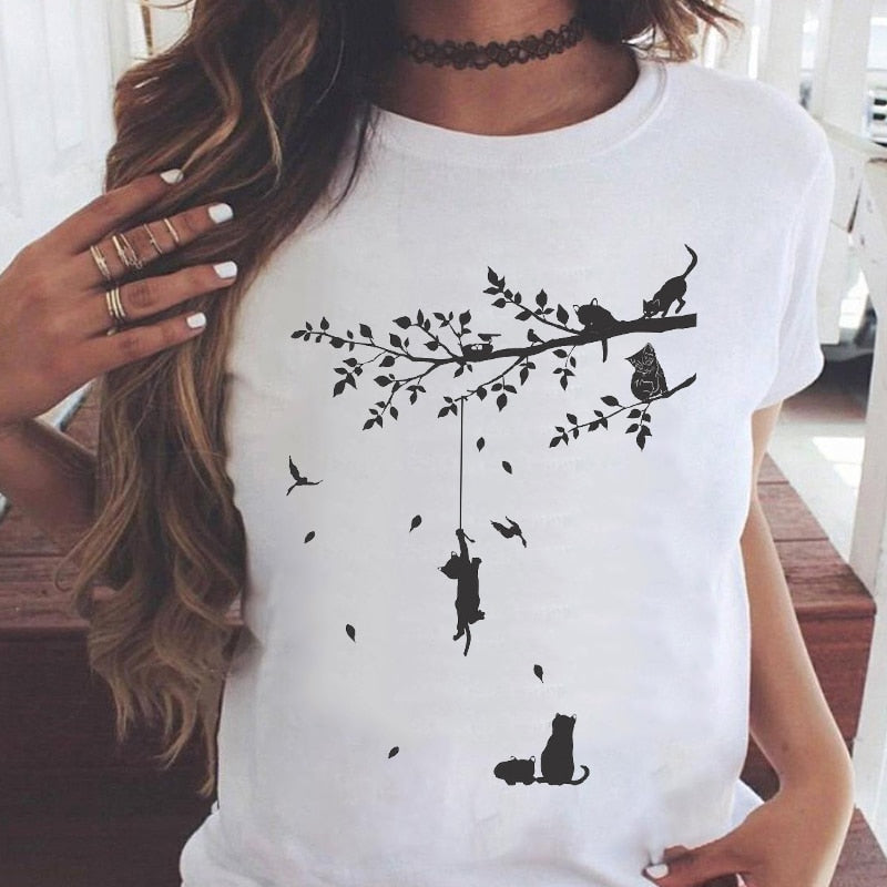 Women Graphic Printing Fashion Cat Animal 90s Clothing Short Sleeve Cartoon Summer Print Female Clothes Tops Tees Tshirt T-Shirt