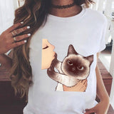 Women Graphic Printing Fashion Cat Animal 90s Clothing Short Sleeve Cartoon Summer Print Female Clothes Tops Tees Tshirt T-Shirt