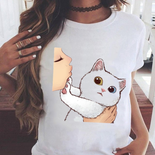 Women Graphic Printing Fashion Cat Animal 90s Clothing Short Sleeve Cartoon Summer Print Female Clothes Tops Tees Tshirt T-Shirt