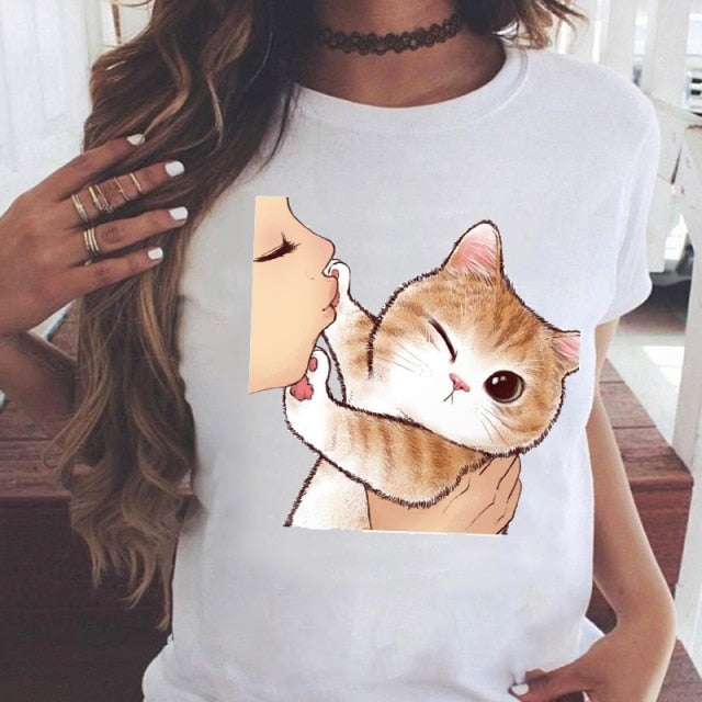 Women Graphic Printing Fashion Cat Animal 90s Clothing Short Sleeve Cartoon Summer Print Female Clothes Tops Tees Tshirt T-Shirt