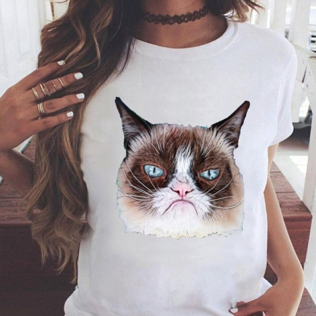 Women Graphic Printing Fashion Cat Animal 90s Clothing Short Sleeve Cartoon Summer Print Female Clothes Tops Tees Tshirt T-Shirt