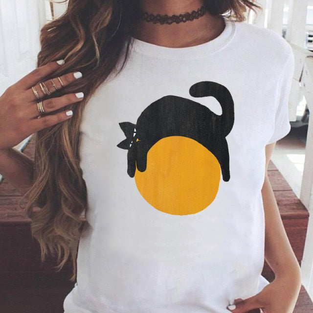 Women Graphic Printing Fashion Cat Animal 90s Clothing Short Sleeve Cartoon Summer Print Female Clothes Tops Tees Tshirt T-Shirt
