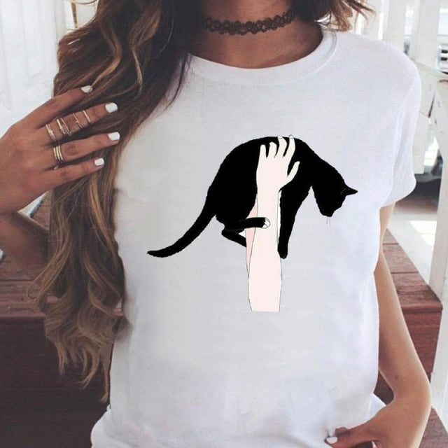 Women Graphic Printing Fashion Cat Animal 90s Clothing Short Sleeve Cartoon Summer Print Female Clothes Tops Tees Tshirt T-Shirt