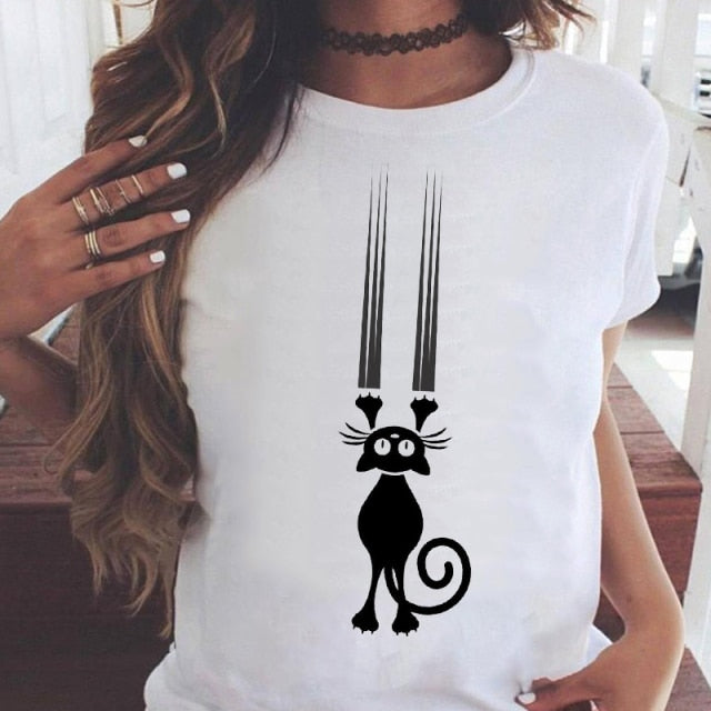 Women Graphic Printing Fashion Cat Animal 90s Clothing Short Sleeve Cartoon Summer Print Female Clothes Tops Tees Tshirt T-Shirt