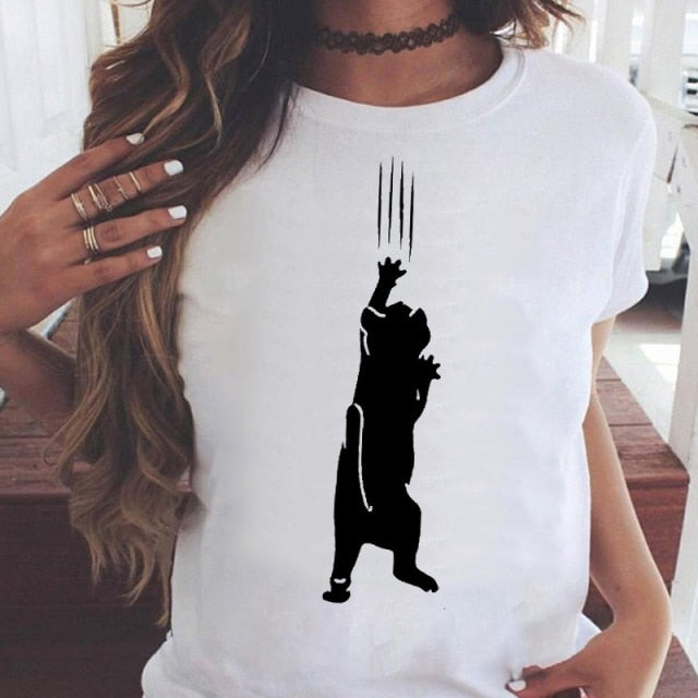 Women Graphic Printing Fashion Cat Animal 90s Clothing Short Sleeve Cartoon Summer Print Female Clothes Tops Tees Tshirt T-Shirt