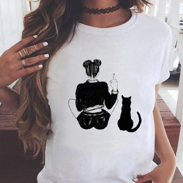 Women Graphic Printing Fashion Cat Animal 90s Clothing Short Sleeve Cartoon Summer Print Female Clothes Tops Tees Tshirt T-Shirt