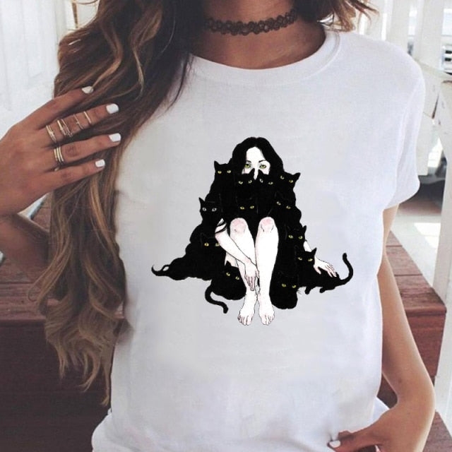 Women Graphic Printing Fashion Cat Animal 90s Clothing Short Sleeve Cartoon Summer Print Female Clothes Tops Tees Tshirt T-Shirt