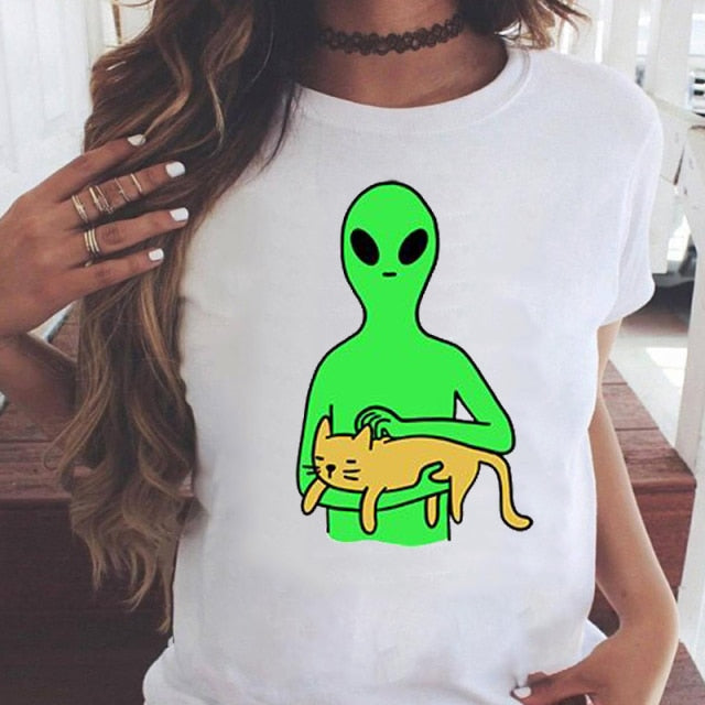 Women Graphic Printing Fashion Cat Animal 90s Clothing Short Sleeve Cartoon Summer Print Female Clothes Tops Tees Tshirt T-Shirt