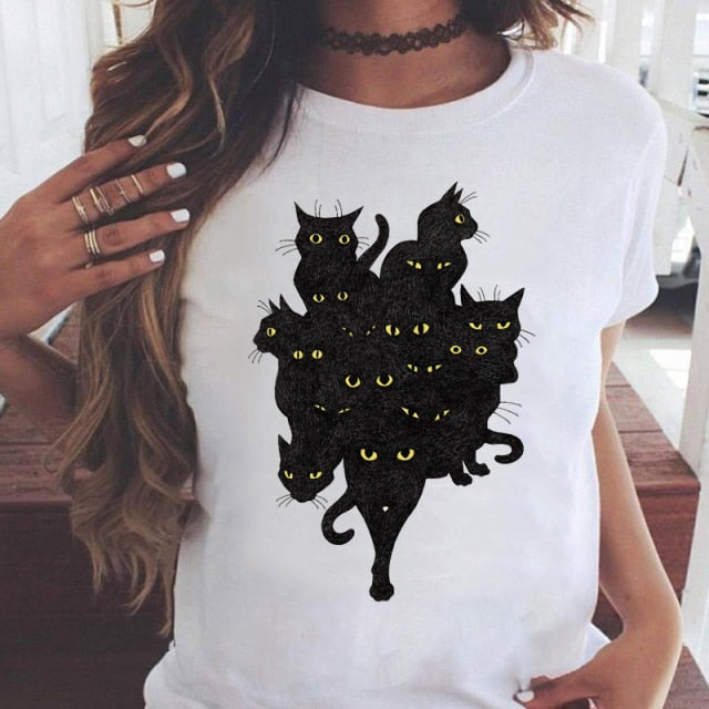 Women Graphic Printing Fashion Cat Animal 90s Clothing Short Sleeve Cartoon Summer Print Female Clothes Tops Tees Tshirt T-Shirt