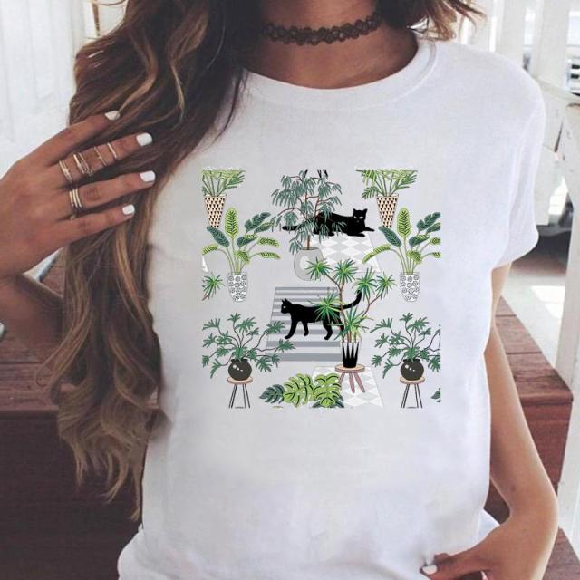 Women Graphic Printing Fashion Cat Animal 90s Clothing Short Sleeve Cartoon Summer Print Female Clothes Tops Tees Tshirt T-Shirt
